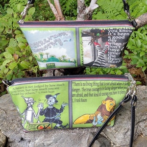Vintage Wizard of OZ Themed Wristlet that converts to a Shoulder Bag.  Leather Strap.  Free Shipping.