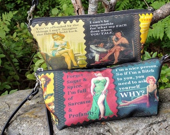 Vintage Pulp Fiction Images with Snarky Sayings Wristlet that converts to a Shoulder Bag.  Leather Strap.  Free Shipping.
