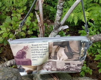 Cat Themed Wristlet that converts to a Shoulder Bag.  Leather Strap.  Free Shipping.