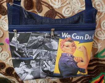 Rosie the Riveter and Nevertheless She Persisted fabric Medium Sized Purse with 8 Exterior Pockets.  4 Zipped.  4 Open. Free Shipping