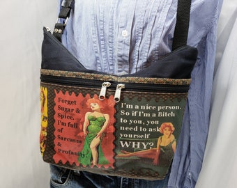 Sarcastically Themed Medium Sized Purse with 8 Exterior Pockets.  4 Zipped.  4 Open. Free Shipping