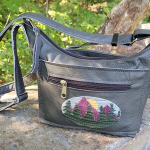 Reclaimed Gray Leather Roomy Little  Bag.  Leather Applique. Two Exterior Zipped Pockets & Two open pockets.  Free Shipping.