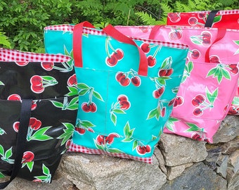 Cherry Oil Cloth Shopping Bag.  Lined.  4 Outside Pockets.  Free Shipping