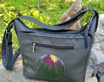 Reclaimed Gray Leather Medium Handbag.  Leather Applique. Two Exterior Zipped Pockets & Two open pockets.  Free Shipping.