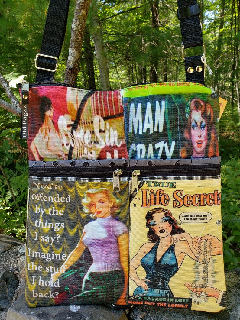 Vintage Pulp Fiction Tablet Bag that Converts to a Backpack. 8 Exterior Pockets. 4 Zipped. 4 Open. Free Shipping image 1