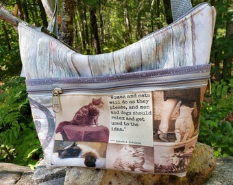 Cat Themed Roomy Little Bag. Six Exterior Pockets.  3 Zipped.  3 Open.  Free Shipping