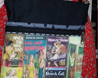 Large Travel Bag that Can Convert to a Backpack with Vintage Trashy Novel Images.  4 Exterior Pockets.  2 Zipped.  2 Open.  FREE SHIPPING.