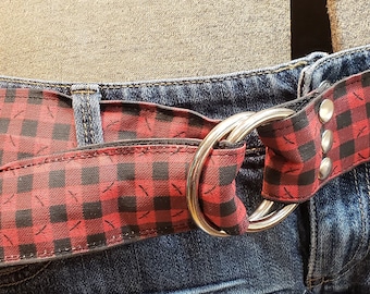Pink Plaid Canvas Belt with Brown Leather Trim new england preppy summer Pink British Punk Plaid Pyramid Studded Belt: Punk Rock  main image 3