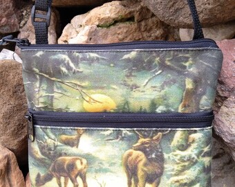 Vintage Graphic of Deer in Winter Themed Travel Purse.  Free Shipping