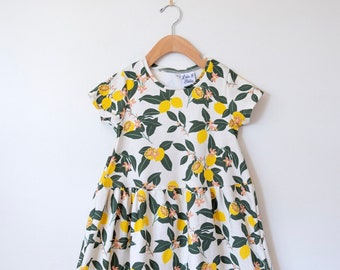 Girls lemon dress // organic short sleeve dress // toddler twirl dress // organic toddler dress // spring dress // organic baby clothes