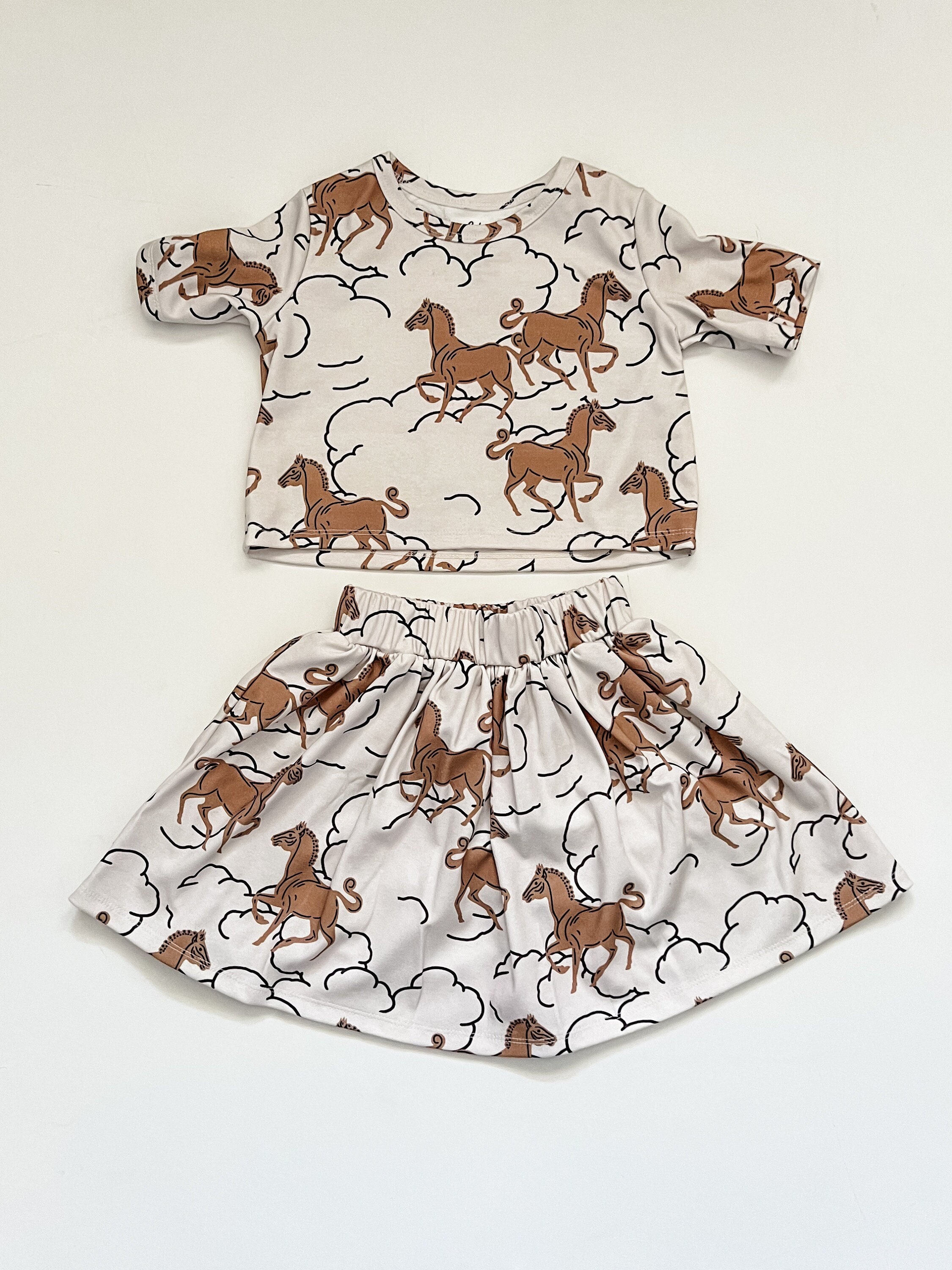 Organic Cotton Horse Print Girls Outfit: Crop Top & Twirl Skirt