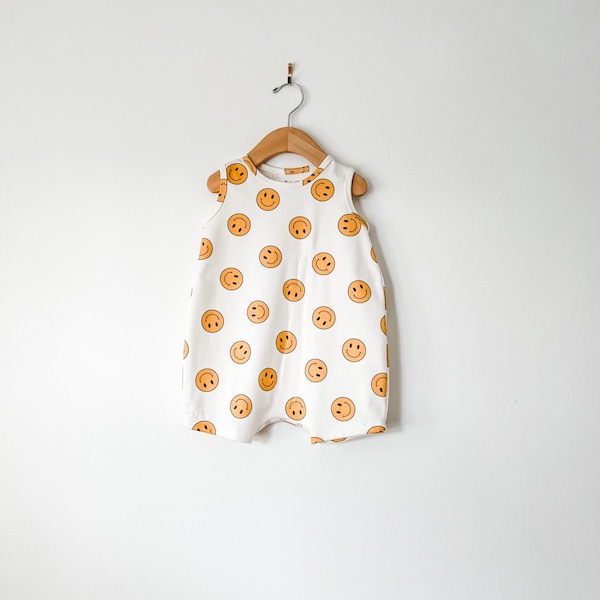 Smiley face romper / Organic playsuit / toddler jumpsuit  / tank romper // organic baby clothing // kids clothes // boys romper