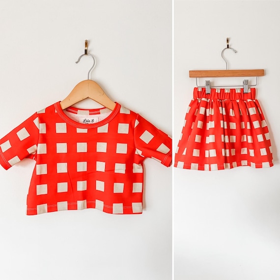 Organic Cotton Girls Outfit: Red Picnic Print Shirt + Skirt Set