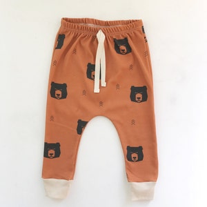 boys bear pants // Organic leggings in rust bear // baby joggers //  drop crotch pants // toddler leggings / harem pants / kids clothes