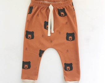 boys bear pants // Organic leggings in rust bear // baby joggers //  drop crotch pants // toddler leggings / harem pants / kids clothes