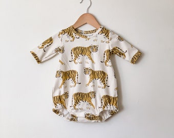 Tiger Print Organic Cotton Baby Romper: 3/4 Sleeve Playsuit