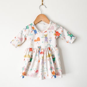 Rainy day girls dress // toddler outfit // organic baby clothing  // kids clothes // sustainable kids clothing // twirl dress // cat print
