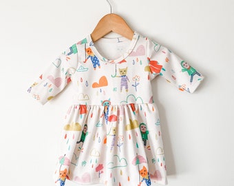 Rainy day girls dress // toddler outfit // organic baby clothing  // kids clothes // sustainable kids clothing // twirl dress // cat print