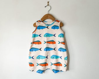 Fish romper / Organic playsuit / toddler jumpsuit  / tank romper // organic baby clothing // kids clothes // boys romper