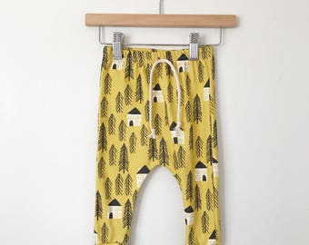 Organic Baby Harem Pants: Mustard Forest Print Cotton Joggers