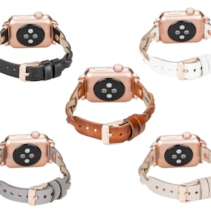 May include: Five different braided leather Apple Watch bands in black, white, brown, gray, and beige. Each band has a rose gold buckle and a rose gold Apple Watch face.
