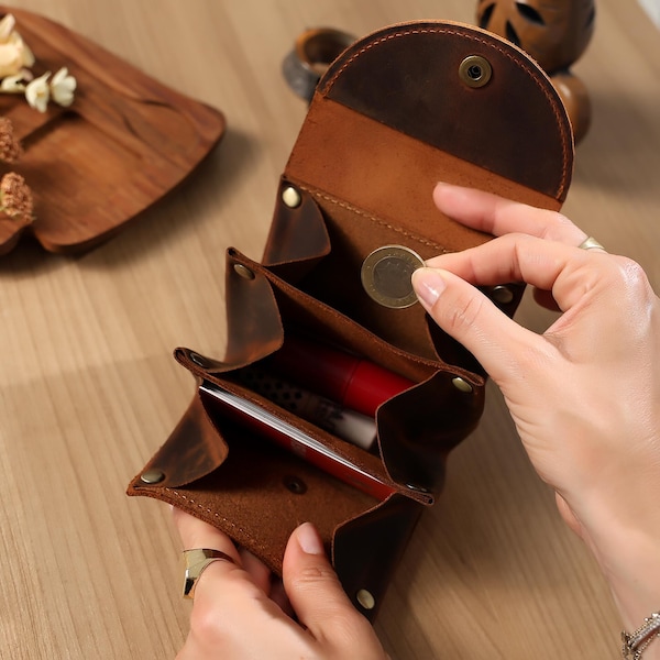 Handmade Leather Mini Wallet women: Personalized Coin Purse & Card Holder