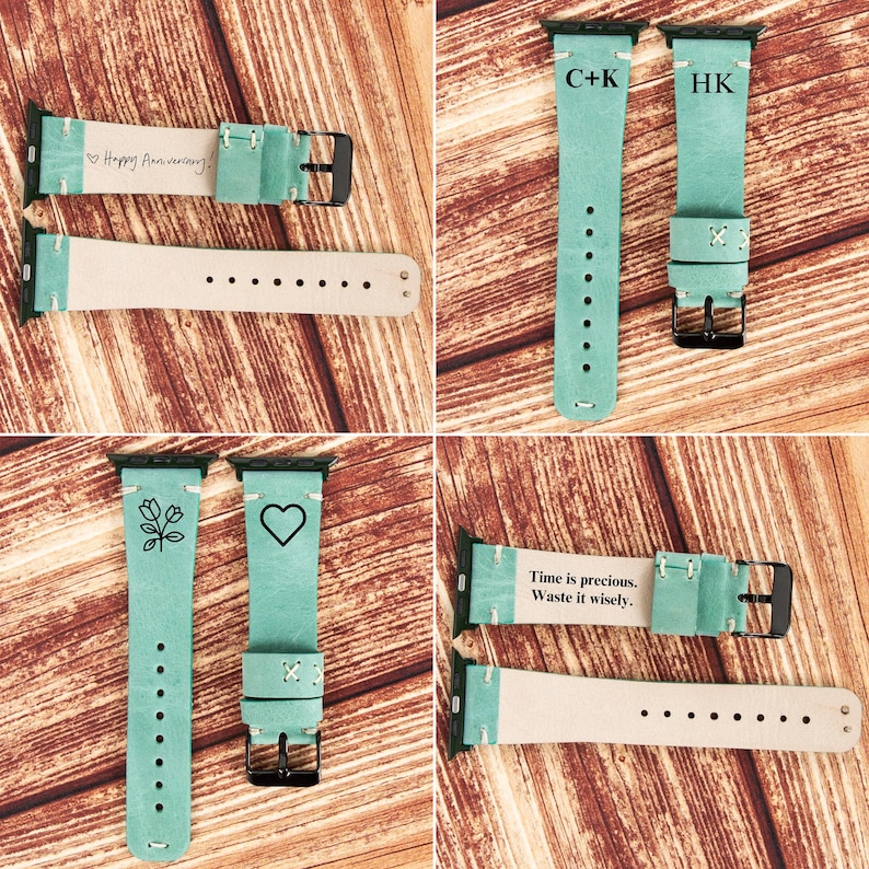 May include: Four different Apple Watch bands in a light blue color with various engravings. The bands are made of leather and have a white underside. The engravings include "Happy Anniversary!" "C+K" "HK" and "Time is precious. Waste it wisely."