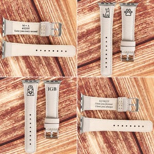 May include: Four different Apple Watch bands with various engravings. The bands are made of a light beige leather with white stitching. The engravings include a cat, a paw print, a nurse, the initials IGB, and a date with the text "I love you forever, I love you always".