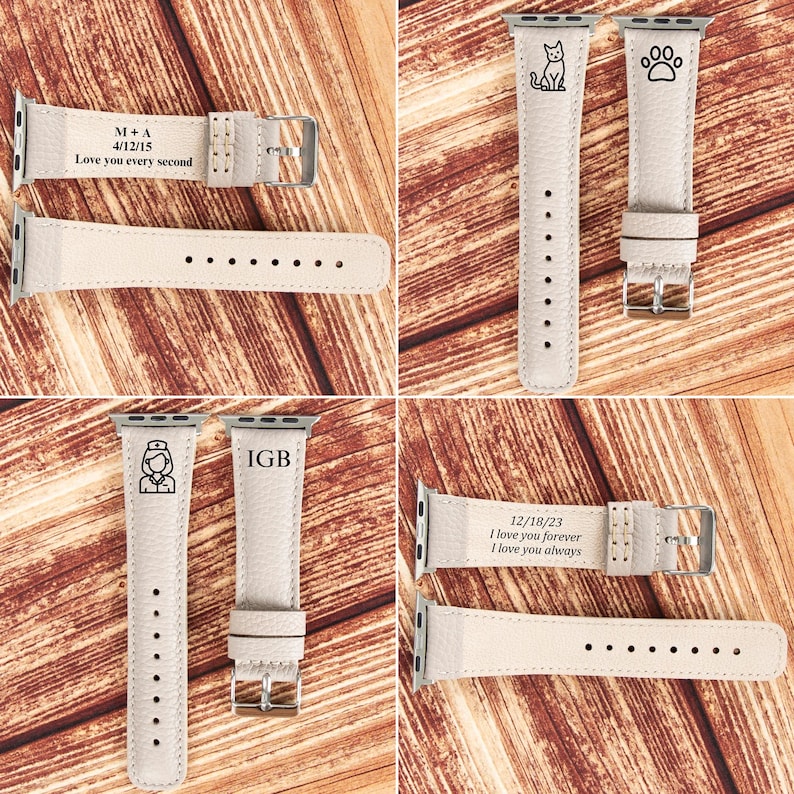 May include: Four different Apple Watch bands with various engravings. The bands are made of a light beige leather with white stitching. The engravings include a cat, a paw print, a nurse, the initials IGB, and a date with the text "I love you forever, I love you always".
