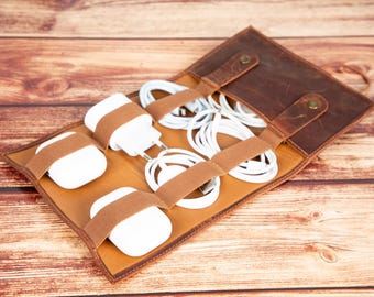 Personalized Leather Cable Organizer Roll: Travel Tech Storage, Traveler Gift
