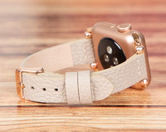 Beige Leather Fitbit Band, Slim Beaded Strap, Inspire, Versa, Sense