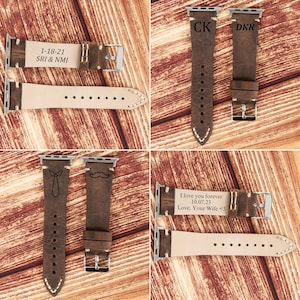 May include: Four different brown leather Apple Watch bands with various engravings. The bands are shown on a wooden surface. The engravings include "1-18-21 SRI & NMI", "CK DKK", "I love you forever 10.07.23 Love, Your Wife <3", and a tie and a mustache.
