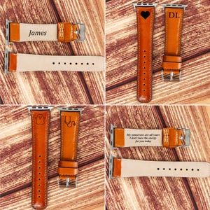 May include: Set of four brown leather Apple Watch bands with different engravings. The bands feature a heart, the initials "DL", a ghost, and a stethoscope. One band has the text "My tomorrows are all yours I don't have the energy for you today".