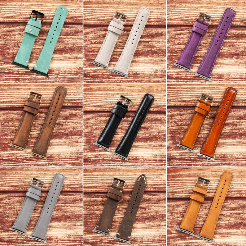 May include: Nine pairs of leather watch bands in various colors, including brown, black, gray, white, purple, and green. The bands are arranged in a grid pattern on a wooden surface.