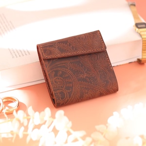 Handmade Genuine Leather Embossed Wallet, Bifold Wallet with Coin Pocket & Card Slots, 4&quot;x4&quot; Floral Wallet for women, Christmas Gift for her