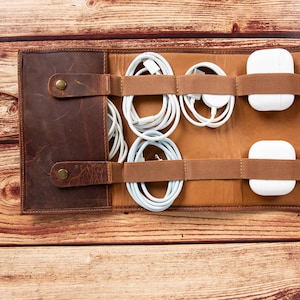 May include: A brown leather travel roll with elastic straps to hold cords and white wireless earbuds. The roll is unrolled and laid flat on a wooden surface.