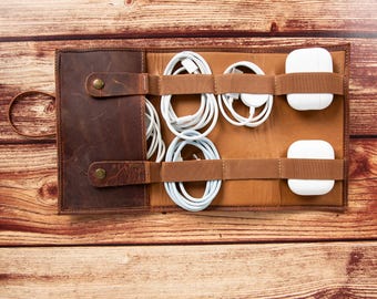 Personalized Leather Cable Organizer: Tech Accessory Travel Roll, Christmas Gift
