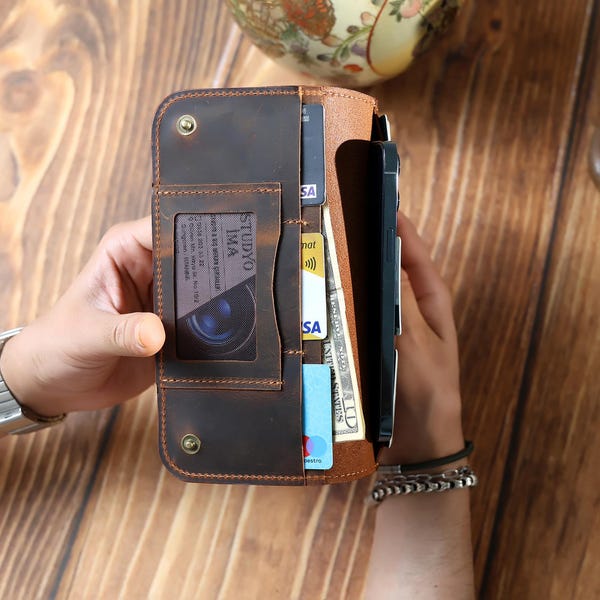 Cartera larga de cuero personalizada para hombre: Tarjetero de diseño fino y genuino