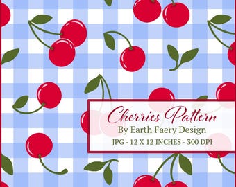 Cherry Gingham Fabric Pattern: Fruit Seamless Design (Digital)