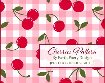 Cherry Gingham Fabric Pattern: Seamless Fruit Design (Digital Download)
