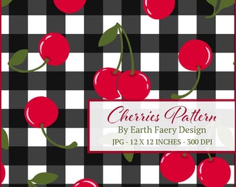 Cherry Seamless Pattern: Black Gingham Fabric Sublimation (JPEG)