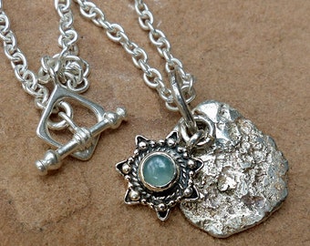 Pendant & Chain Necklace.Sterling Silver Nugget.Chrysoprase Charm.Toggle Clasp . Rustic Boho Tribal Southwest Style Jewelry