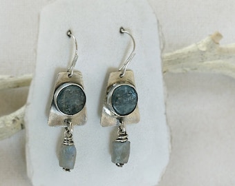 Sterling Silver Earrings Blue Kyanite & Labradorite Nugget Dangles. Rustic Free Spirit Casual. Southwest Boho Tribal Style Jewelry