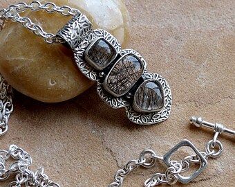 Pendant & Chain Necklace.Tourmaline Quartz in Leaf Pattern Sterling Silver Setting.Toggle Clasp . Rustic Boho Tribal Southwest Style Jewelry