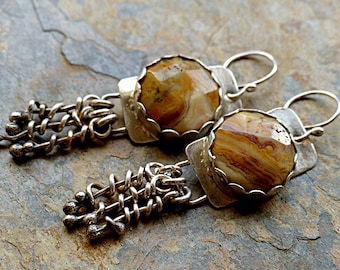 Mocha Lace Agates/Big Boho Sterling Silver Earrings/Dramatic Casual/Twisted Silver Dangles . Rustic Boho Tribal Southwest Style Jewelry