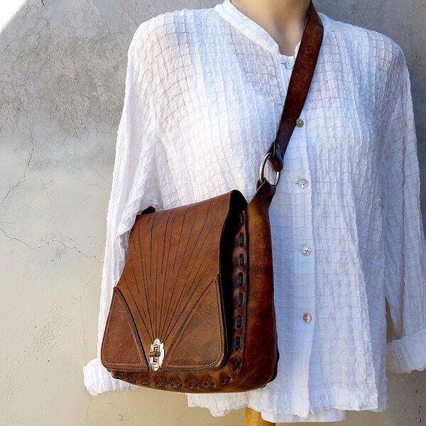 Vintage Distressed Leather Boho Hippie Purse Handmade Crossbody Bag Leather Stitched Tooled