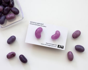 Glass Stud Earrings - Heather Purple Jelly Bean - Lampworked Flameworked Glass Candy - Food Jewelry