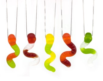 Gummy Worm Necklace - Lampworked Flameworked Glass Snake Candy - Food Jewelry
