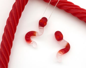 Gummy Worm Necklace - Red + Clear - Lampworked Flameworked Glass Snake Candy - Food Jewelry