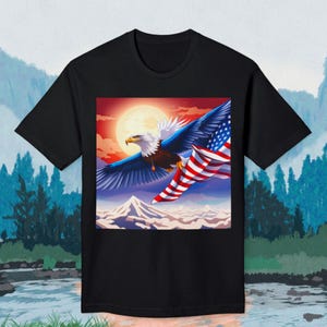 American Bald Eagle Patriotic Graphic Shirt USA Flag Wings Mountain Landscape Shirt Made in USA 4th of July Shirt
